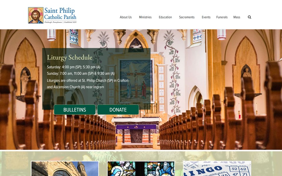 The Saint Philip Catholic Parish home page: the church’s painted nave behind the Liturgy Schedule, with Bulletins and Donate buttons, above three feature cards.