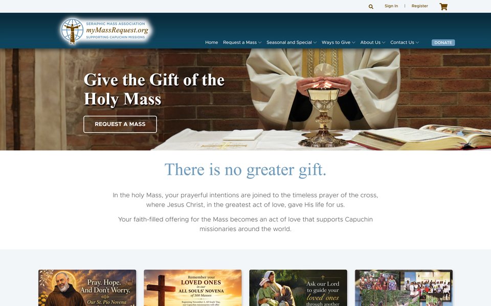 Seraphic Mass Association website home page at mymassrequest.org