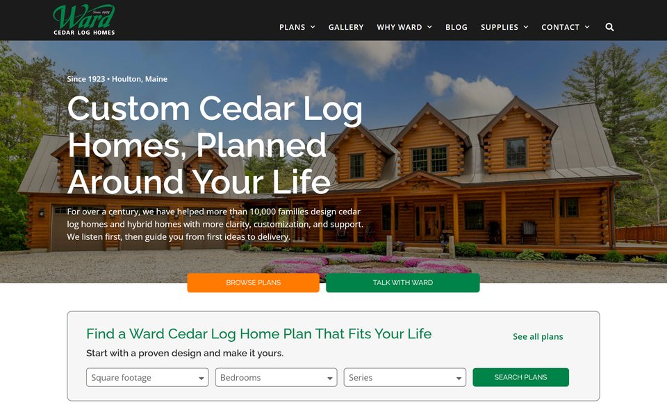 The Ward Cedar Log Homes home page: a cedar log home under “Custom Cedar Log Homes, Planned Around Your Life,” above the plan finder.