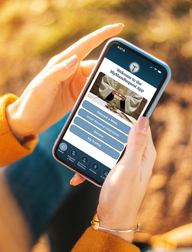 Person holding a smartphone displaying the MyMassRequest app interface.